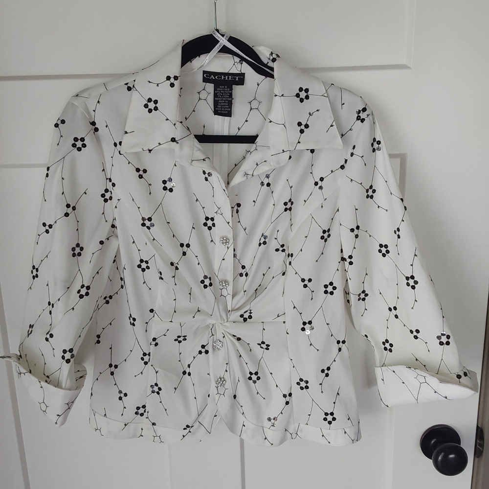 CACHET Black & White Sequin Evening Blouse Top Size 10 Rhinestone Buttons